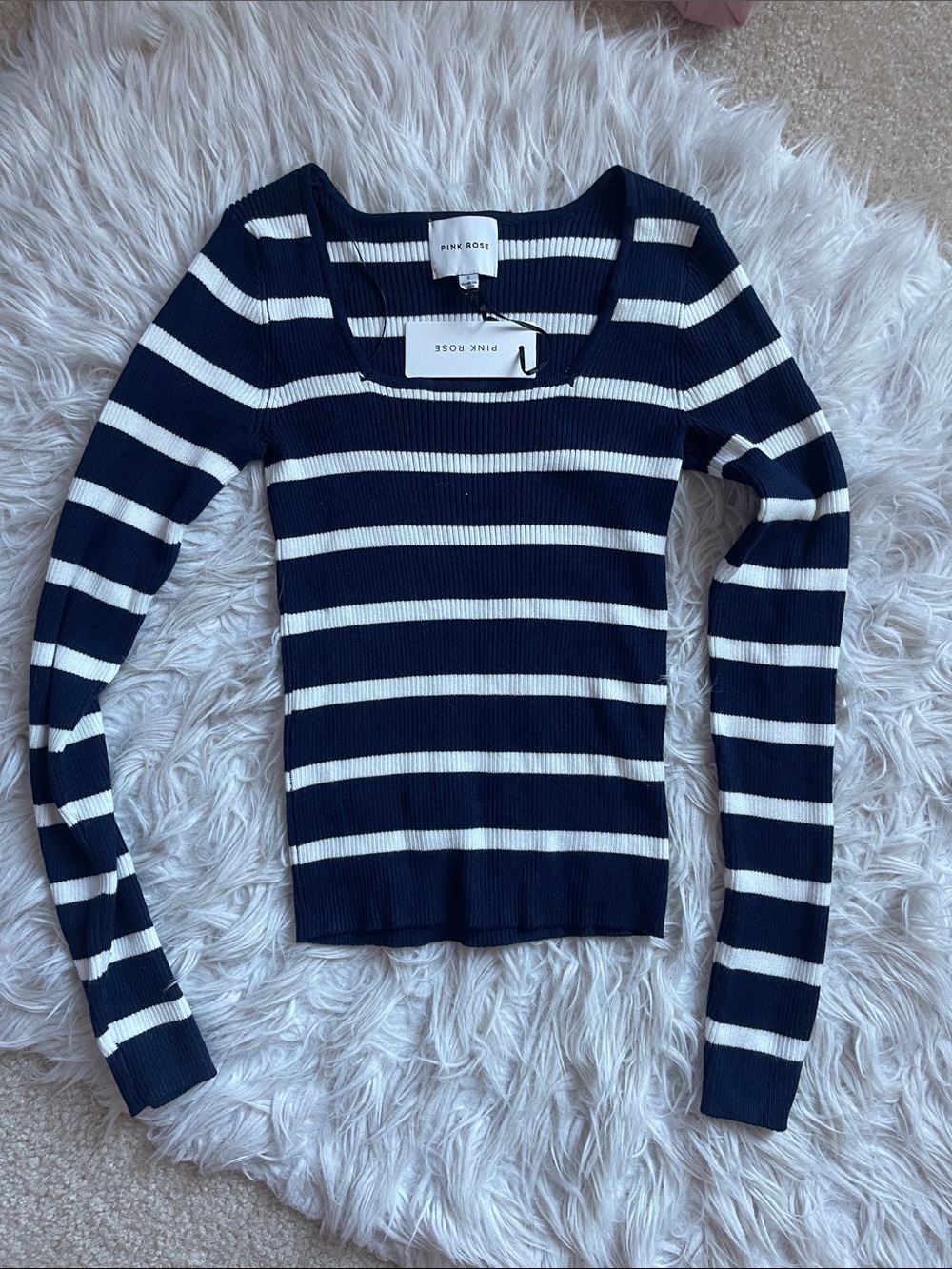 Pink Rose Navy & White Striped Ribbed Long Sleeve Top